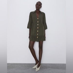 Zara Buttoned Ruffled Linen Blend Dress Green S